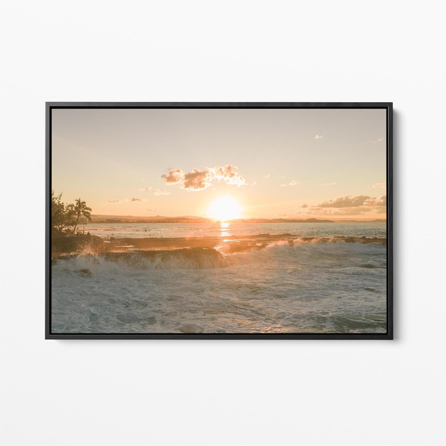 Snapper Rocks sunset black framed canvas