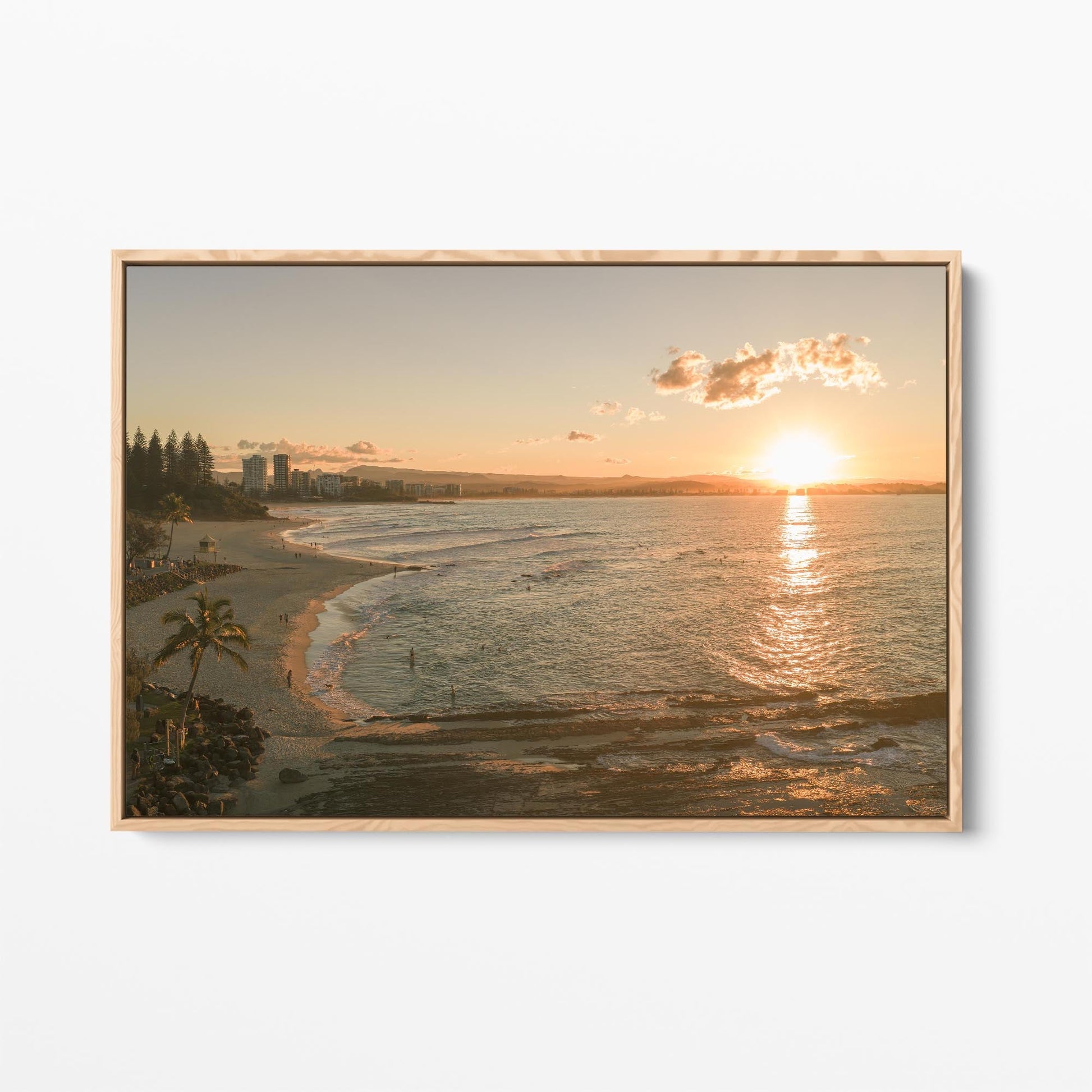 Snapper Rocks sunset beach print oak framed canvas