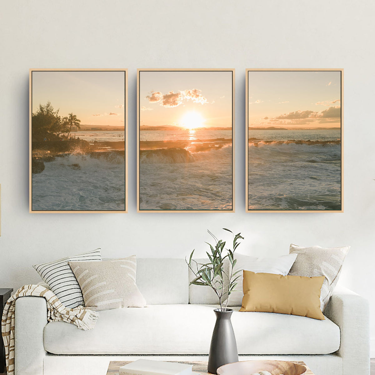 Snapper Rocks sunset three piece canvas wall art in living room