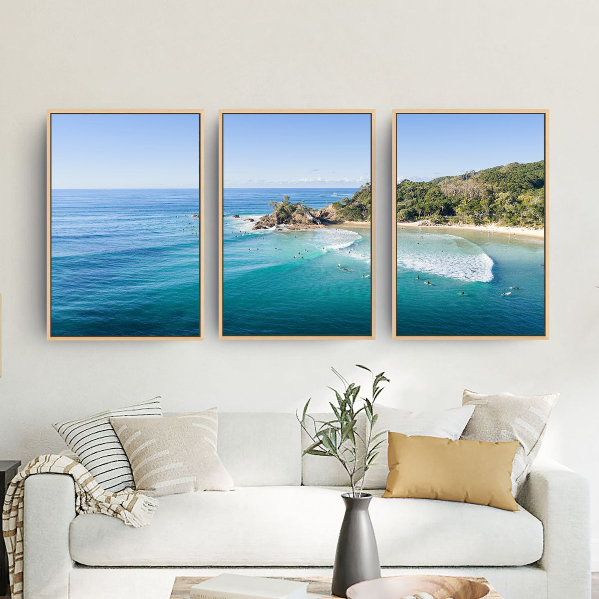 Wategos Beach three piece canvas wall art in living room